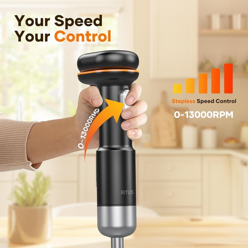 RITUS Cordless Stick Immersion Blender 5-in-1, 13000RPM Soup Blender Rechargeable Handheld Mixer For Baby Food & Smoothies, Variable Speed, Dishwasher-Safe, Mixing Beaker, Chopper, Whisk Milk Frother - Image 5